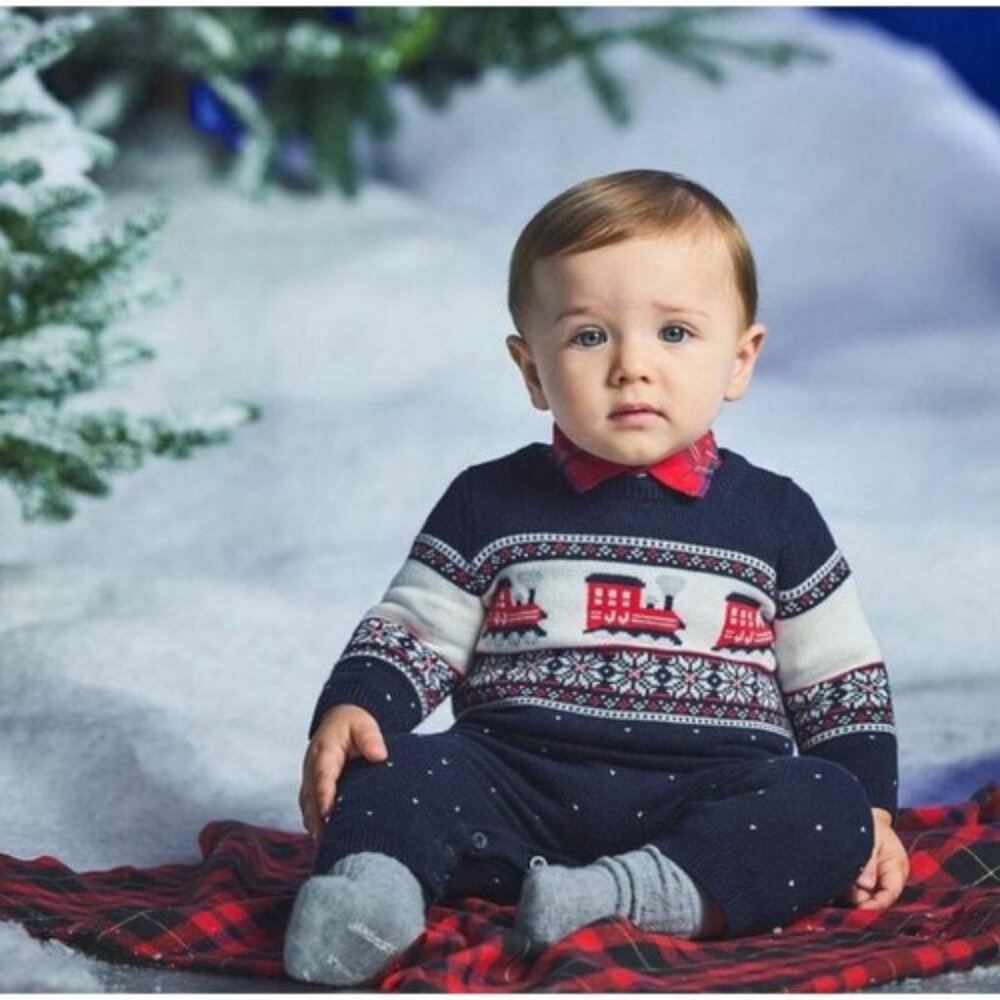 Janie and Jack Fair Isle Knit One-piece in Red & Navy Trains Size 6-12mos